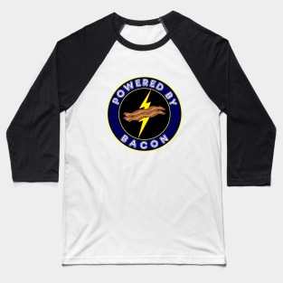 Powered By Bacon Lightning Bold Blue Emblem Baseball T-Shirt